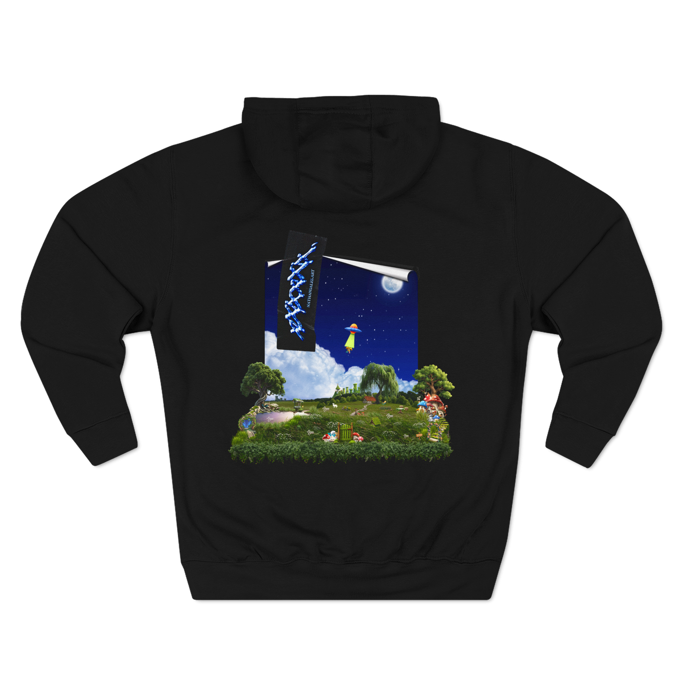 premium black hoodie with UFO graphic