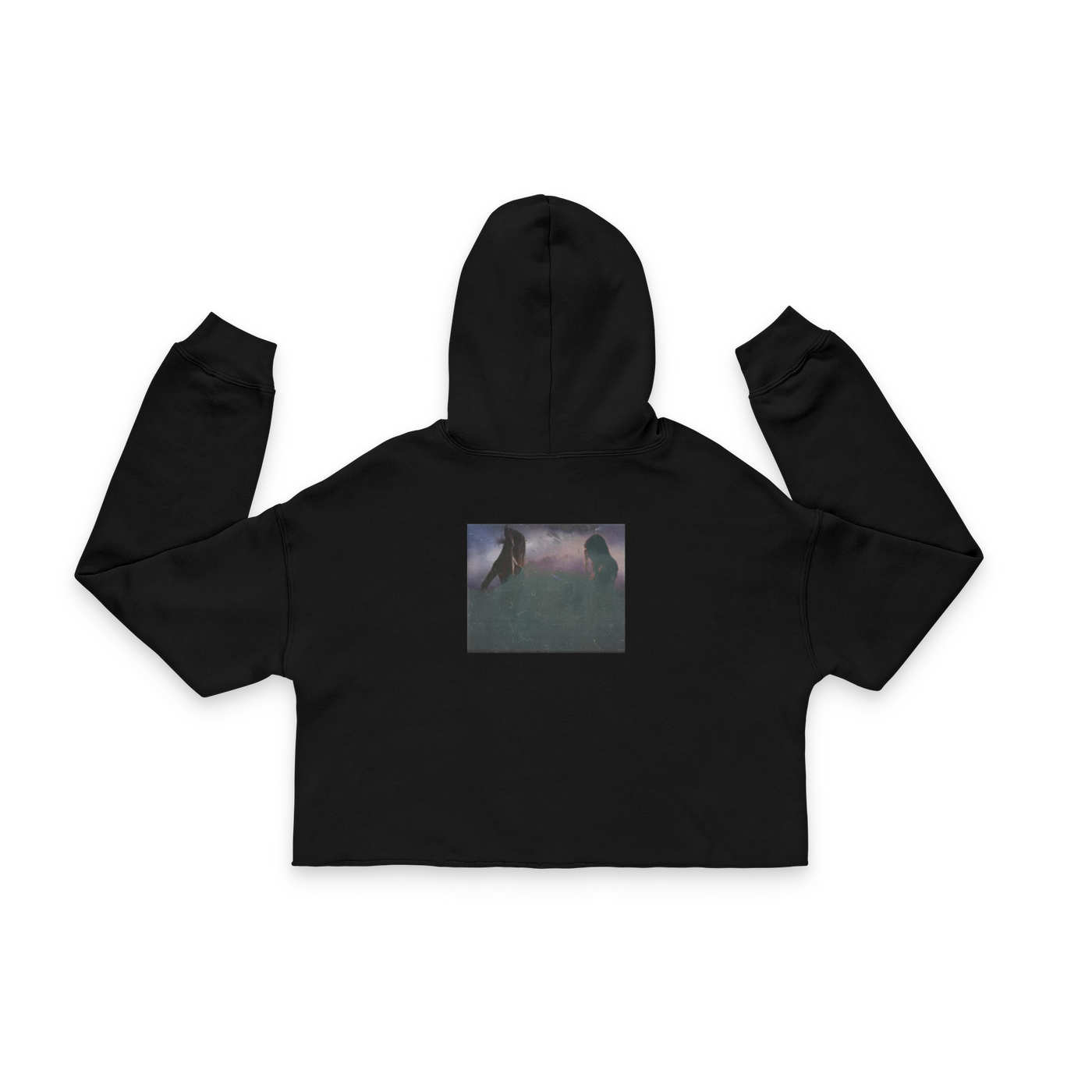 black fleece cropped hoodie with raw hem and drop shoulder