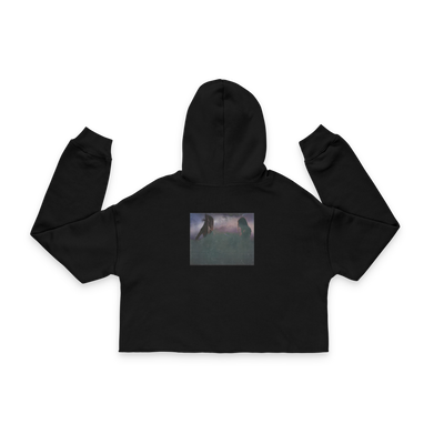 black fleece cropped hoodie with raw hem and drop shoulder