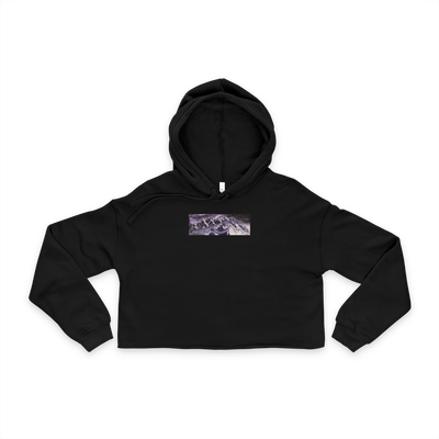 black fleece cropped hoodie with raw hem and drop shoulder