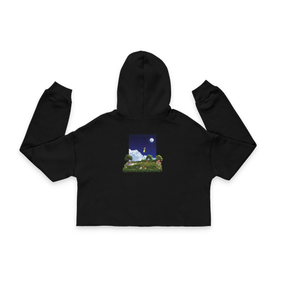 black fleece cropped hoodie with UFO print