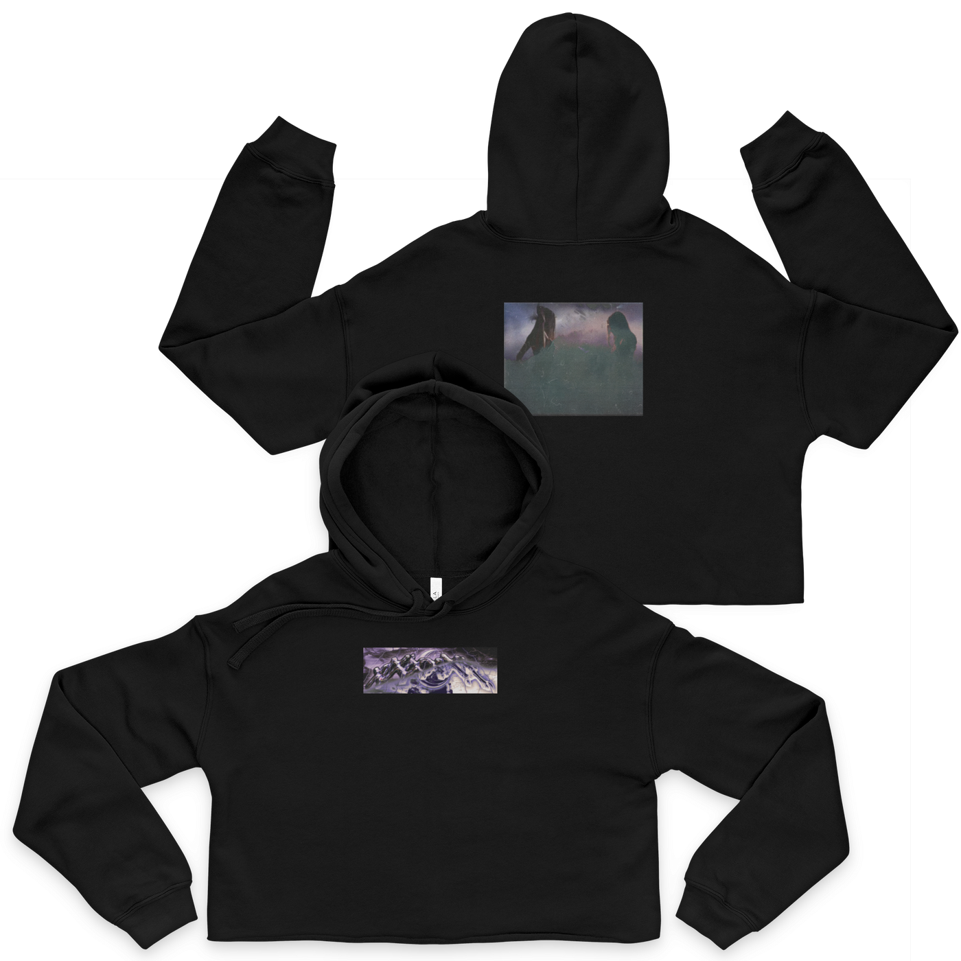 black fleece cropped hoodie with raw hem and drop shoulder