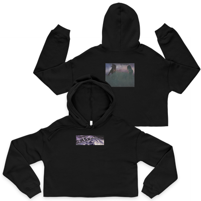 black fleece cropped hoodie with raw hem and drop shoulder